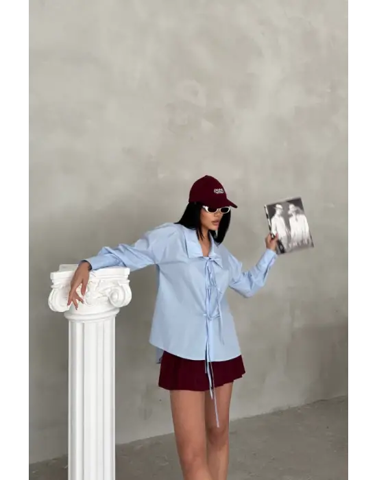 Omarı İp Bağlama Detaylı Okul Yaka Gömlek - Bebe Mavi