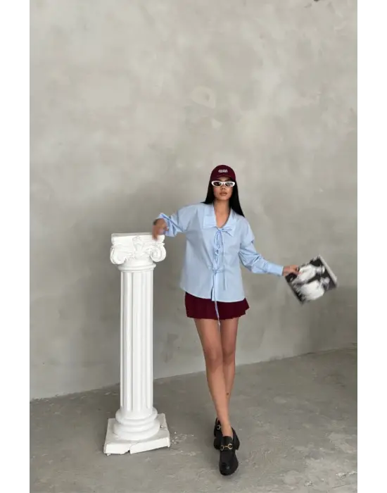 OKUL YAKA POPLİN GÖMLEK İP BAĞLAMA DETAYLI - Bebe Mavi