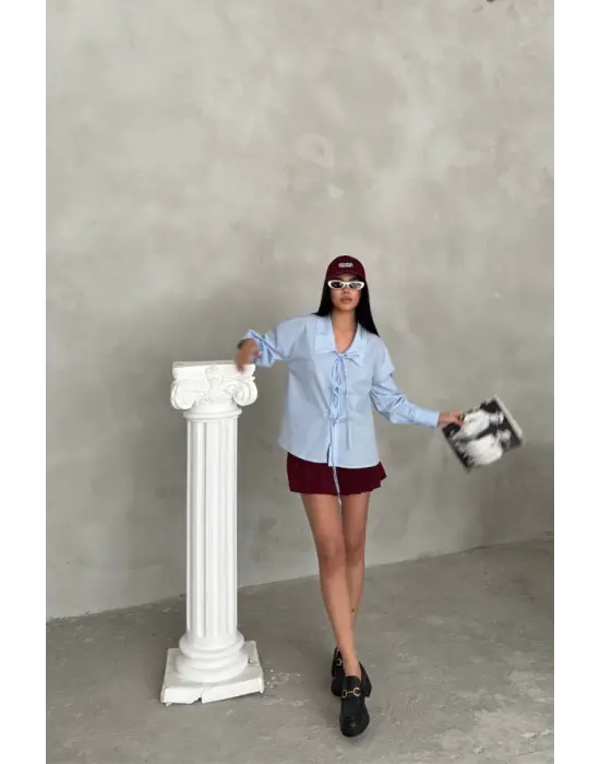 Omarı İp Bağlama Detaylı Okul Yaka Gömlek - Bebe Mavi