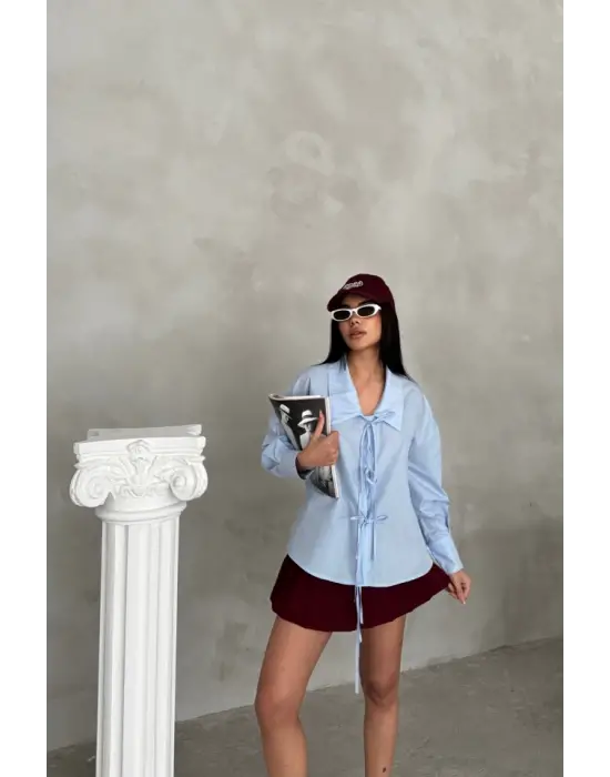 Omarı İp Bağlama Detaylı Okul Yaka Gömlek - Bebe Mavi