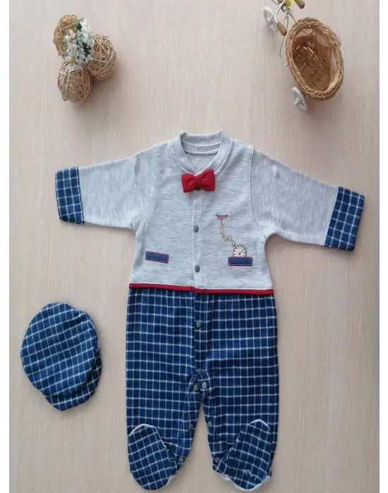 Omarı 0-6 Ay Bebek Tulumu Cep Saatli Kasketli ve Papyonlu - Lacivert