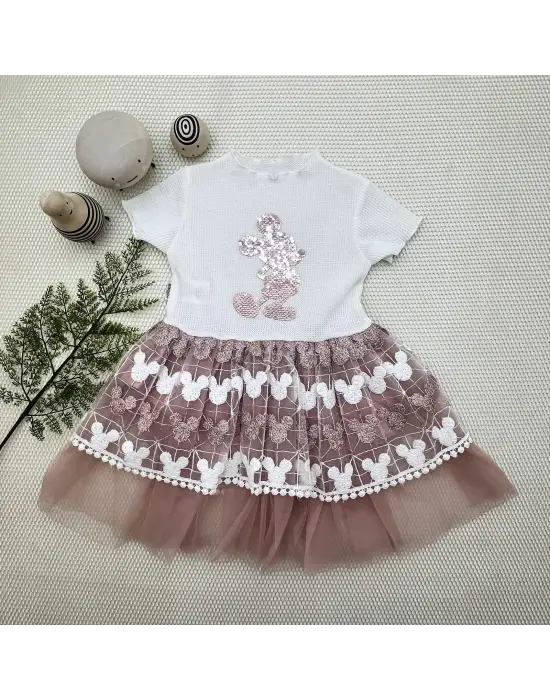 Omarı 1-2-3 Yaş Mickey Baskılı Brode Etekli Kız Bebek Elbisesi