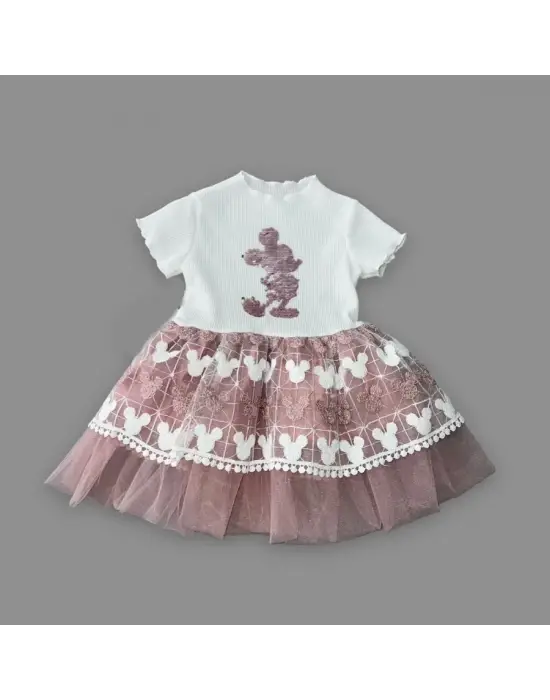 Omarı 1-2-3 Yaş Mickey Baskılı Brode Etekli Kız Bebek Elbisesi