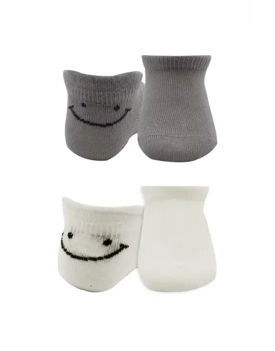 Omarı 2li Penye Çorap Seti Gri Ekru Smile Desenli