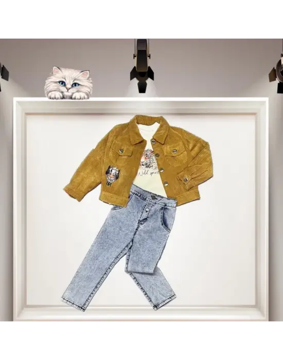 Omarı 3-4-5 Yaş Çocuk Fitilli Kadife Ceket ve Kot Pantolon Takımı