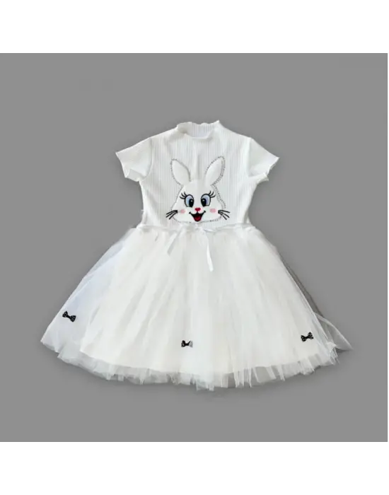 Omarı 5-6-7 Yaş Tavşan Desenli Kız Çocuk Elbisesi Beyaz