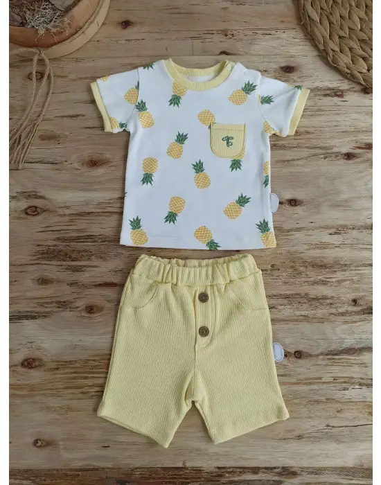 Omarı Ananas Baskılı Bebek Takımı - Sarı Renk 3-12 Ay