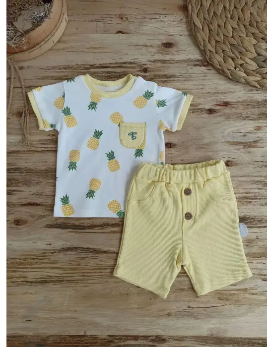 Omarı Ananas Baskılı Bebek Takımı - Sarı Renk 3-12 Ay