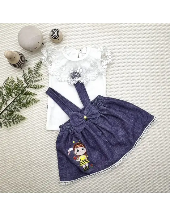 Omarı Arı Nakışlı Kot Desenli Bebek Salopet Takımı