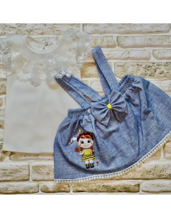 Omarı Arı Nakışlı Kot Desenli Bebek Salopet Takımı