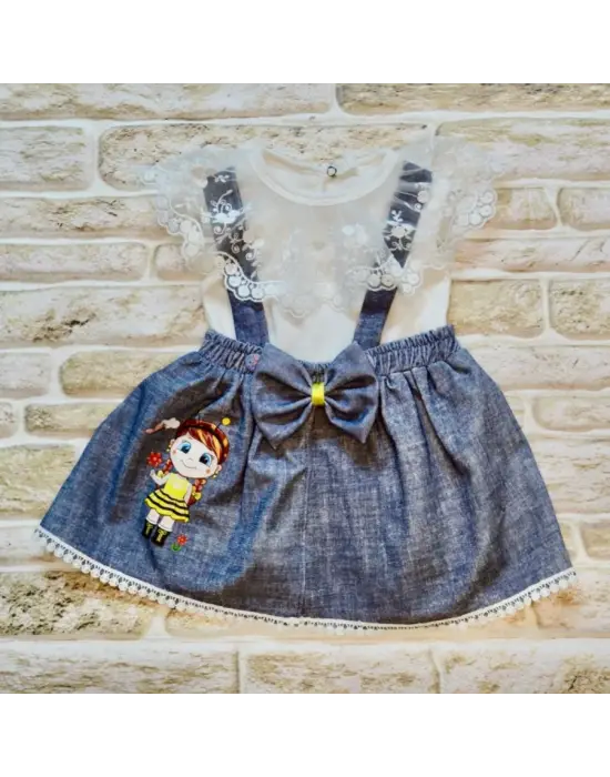 Omarı Arı Nakışlı Kot Desenli Bebek Salopet Takımı