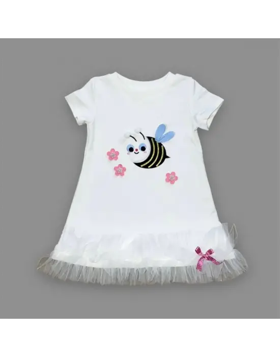 Omarı Arıcık Nakışlı Fırfırlı Beyaz Kız Çocuk Elbisesi