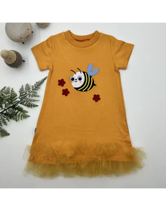 Omarı Arıcık Nakışlı Fırfırlı Jile Kız Çocuk Elbisesi - Turuncu