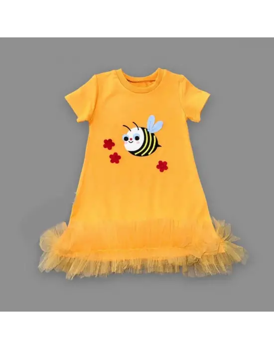 Omarı Arıcık Nakışlı Fırfırlı Jile Kız Çocuk Elbisesi - Turuncu