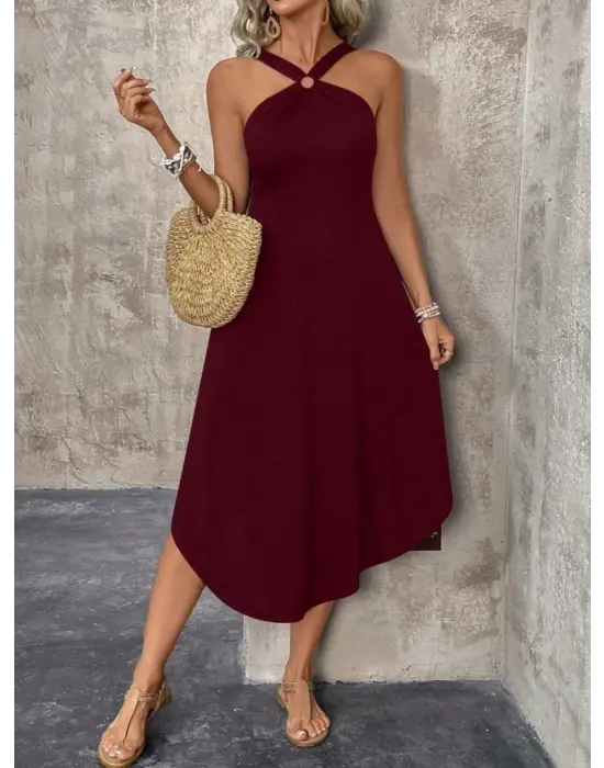 Omarı Asimetrik Kesim Halka Detaylı Elbise