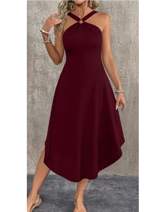 Omarı Asimetrik Kesim Halka Detaylı Elbise