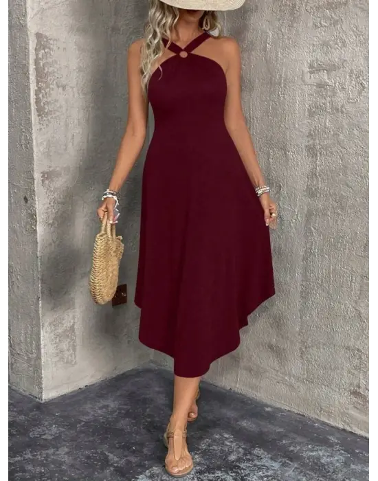 Omarı Asimetrik Kesim Halka Detaylı Elbise