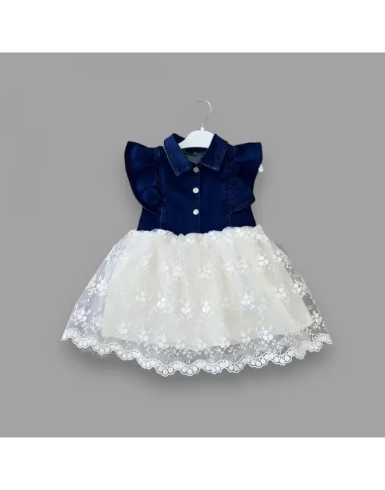 Omarı Astarlı Brode Etekli Kot Kumaş Düğmeli Çocuk Elbisesi Mavi