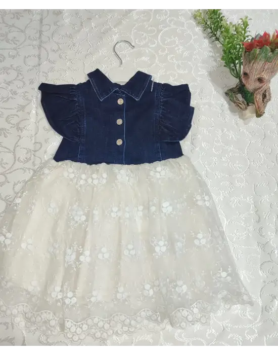 Omarı Astarlı Brode Etekli Kot Kumaş Düğmeli Çocuk Elbisesi Mavi