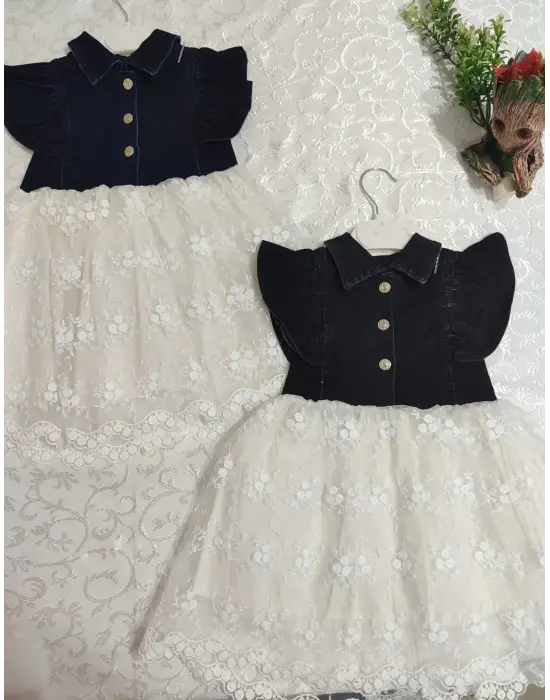 Omarı Astarlı Brode Etekli Kot Kumaş Düğmeli Kız Çocuk Elbisesi