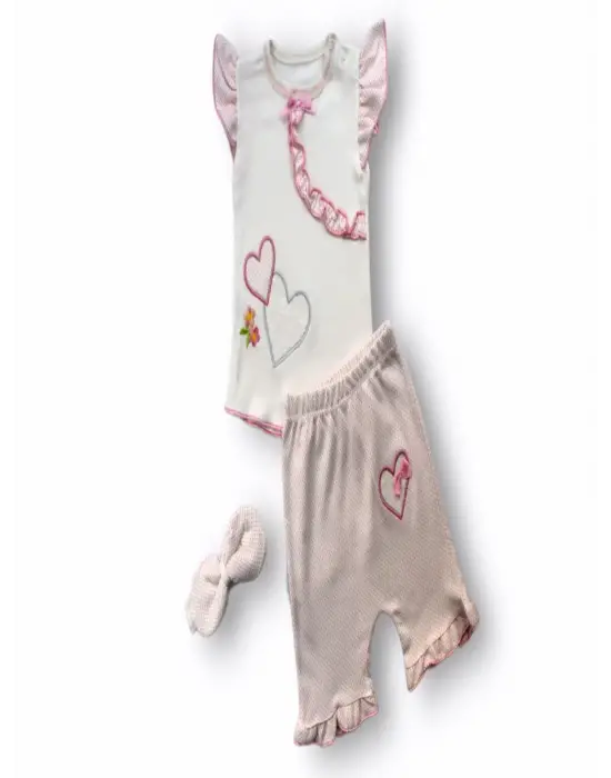 Omarı Bebeğiniz İçin Şık ve Rahat 3lü Kız Bebek Takımı Ekru