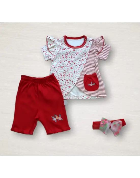 Omarı Bebek Kız Takımı Kısa Kollu Sweat ve Şort Seti - Kırmızı