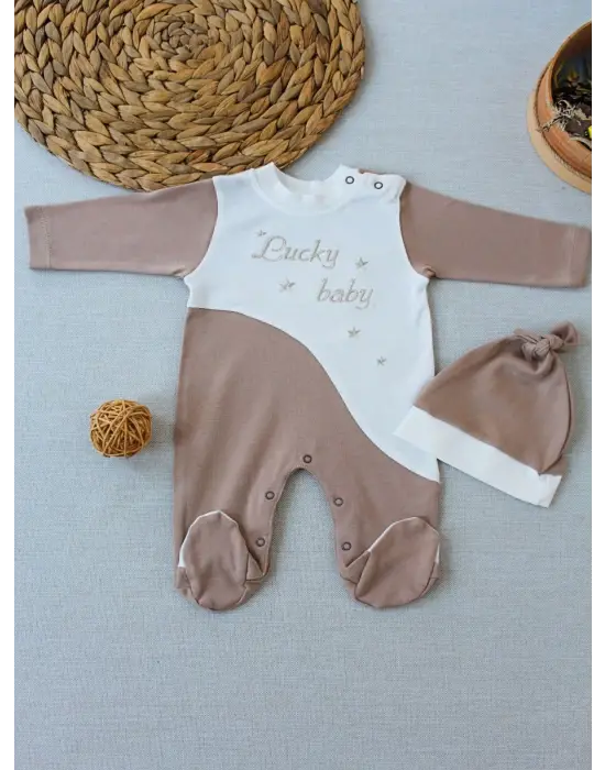 Omarı Bebek Tulumu - Nakışlı Es Çizgi Boy Şapkalı Kahverengi