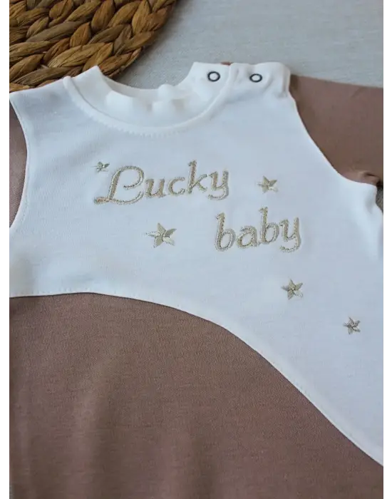 Omarı Bebek Tulumu - Nakışlı Es Çizgi Boy Şapkalı Kahverengi