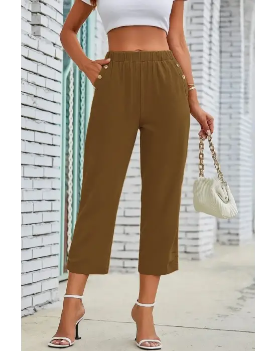 Omarı Beli Lastikli Düğme ve Cep Detaylı Kadın Kapri Pantolon