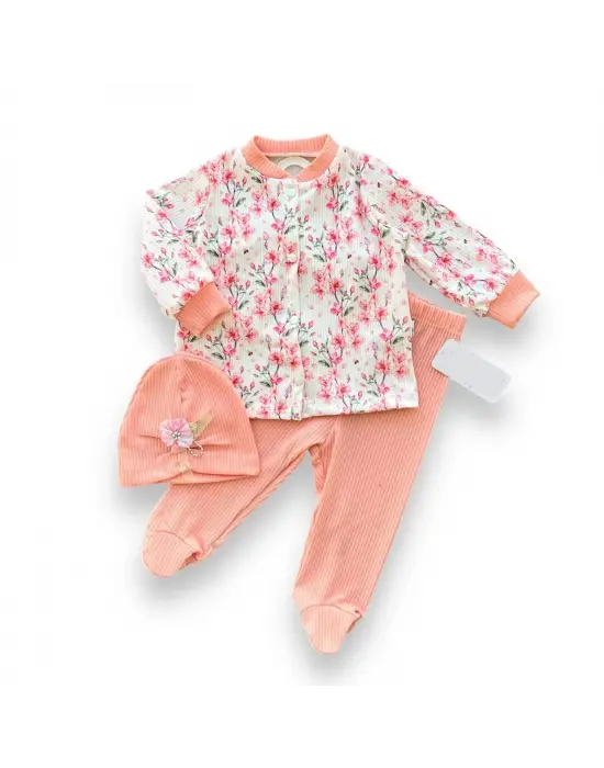 Omarı Çiçek Baskılı Çıtçıt Kapamalı Patikli Kız Bebek Takımı - Somon