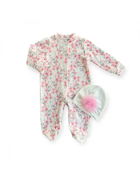 Omarı Çiçek Desenli Bebek Tulumu Ekru