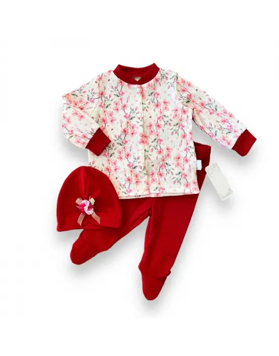 Omarı Çiçek Desenli Kız Bebek Patikli 3lü Takım Kırmızı