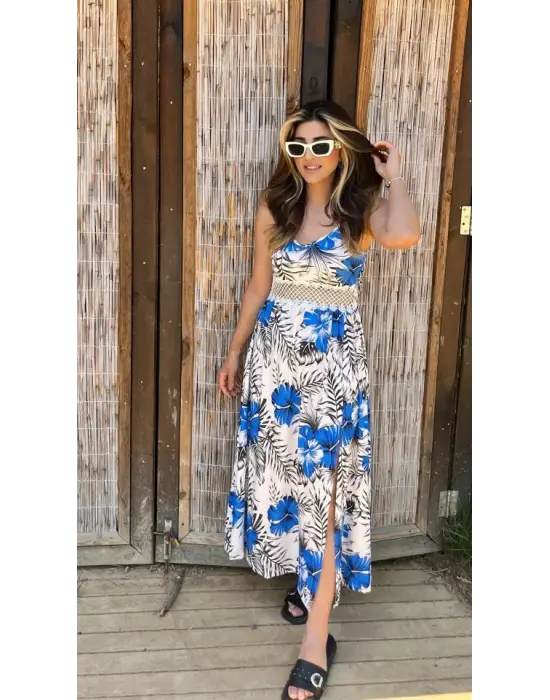 Omarı Çiçek Desenli Yandan Yırtmaçlı Maksi Elbise