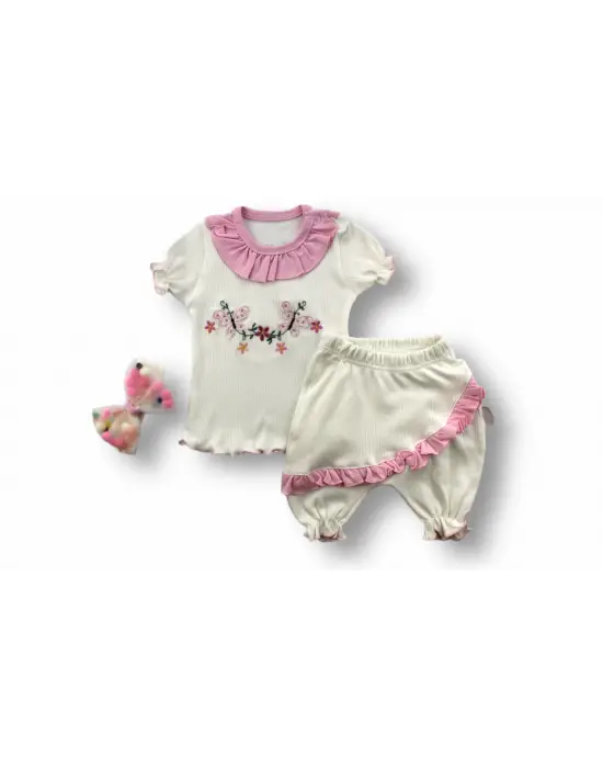 Omarı Çiçek Nakışlı Bandanalı Kız Bebek Sweat Takımı Pembe