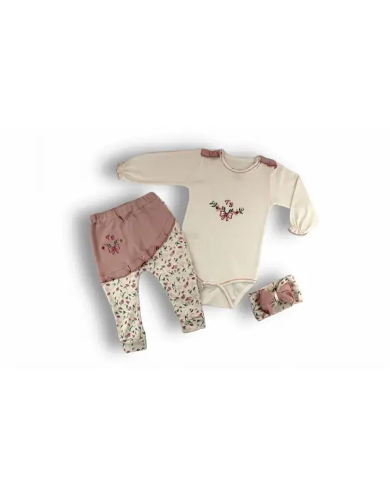 Omarı Çiçek Nakışlı Bandanalı Kız Bebek Takımı - Ekru