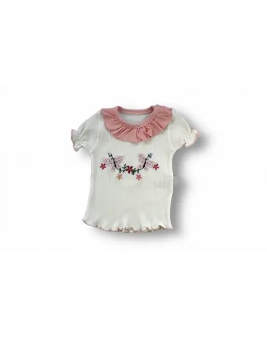 Omarı Çiçek Nakışlı Kız Bebek Takımı, Pudra Rengi