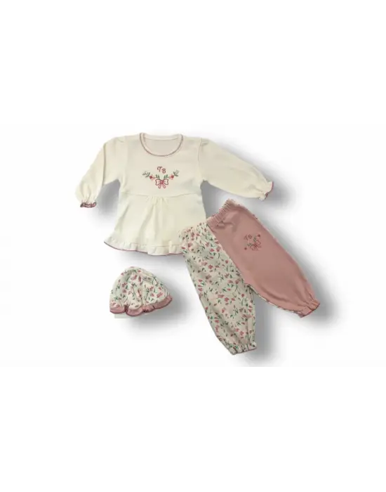 Omarı Çiçek Nakışlı Şapkalı Bebek Takımı