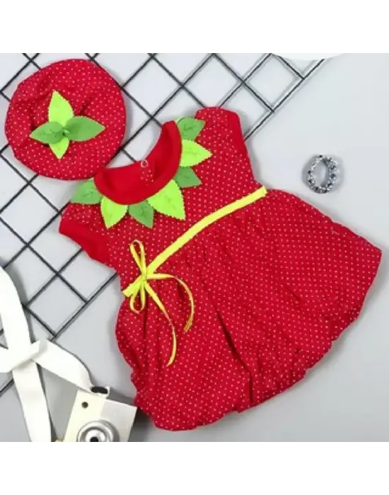 Omarı Çilek Desenli Bebek Elbisesi Kırmızı