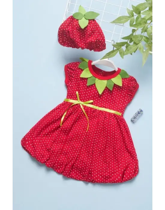 Omarı Çilek Desenli Bebek Elbisesi Kırmızı