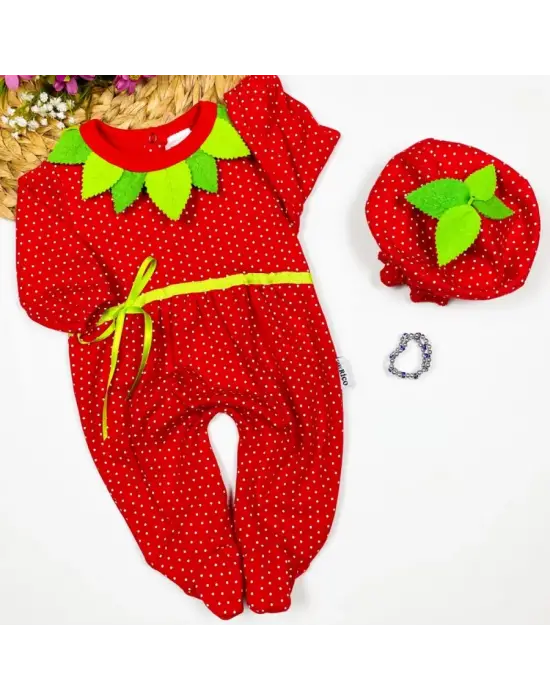 Omarı Çilek Desenli Bebek Tulumu Hediyeli Uzun Kollu - Kırmızı