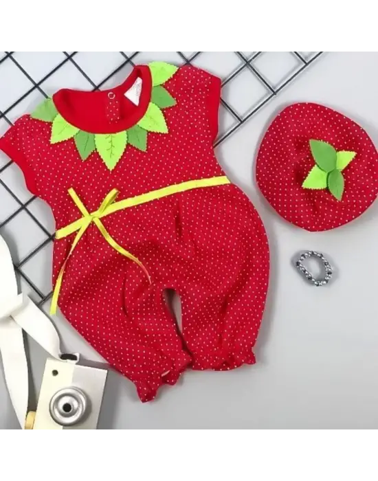 Omarı Çilek Desenli Bebek Tulumu - Kırmızı Penye Kumaş, 3-6-9 Ay
