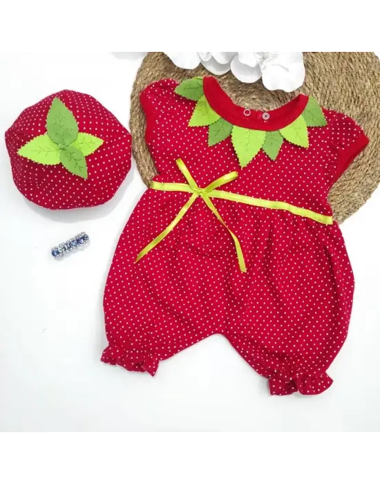 Omarı Çilek Desenli Bebek Tulumu - Kırmızı Penye Kumaş, 3-6-9 Ay