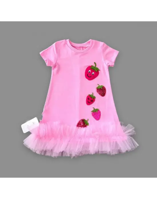 Omarı Çilek Nakışlı Fırfırlı Pembe Kız Çocuk Elbisesi