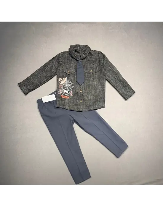 Omarı Çocuk Takımı Uzun Kollu Keten Gömlek Gabardin Pantolon