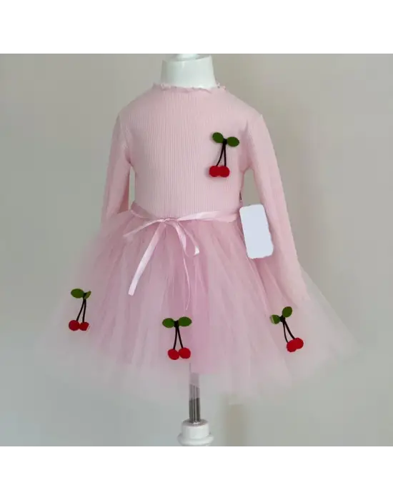 Omarı Çocuk Tütü Elbise - Kiraz Desenli Astarlı Uzun Kollu Pembe