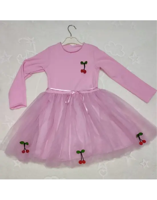 Omarı Çocuk Tütü Elbise - Kiraz Desenli Astarlı Uzun Kollu Pembe