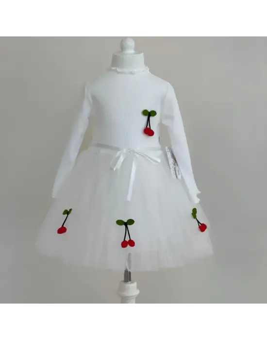 Omarı Çocuk Tütü Elbise - Kiraz Desenli Kemerli Uzun Kollu Beyaz