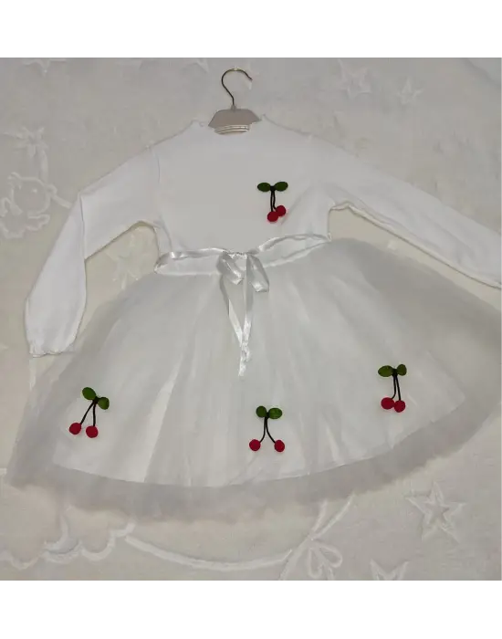Omarı Çocuk Tütü Elbise - Kiraz Desenli Kemerli Uzun Kollu Beyaz