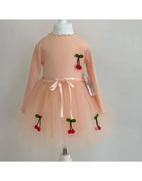 Omarı Çocuk Tütü Elbise - Kiraz Desenli, Uzun Kollu, Astarlı