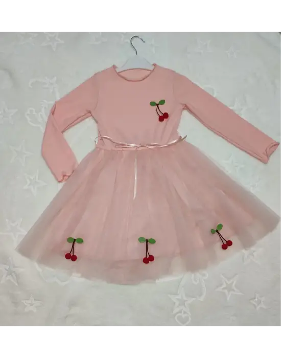 Omarı Çocuk Tütü Elbise - Kiraz Desenli, Uzun Kollu, Astarlı